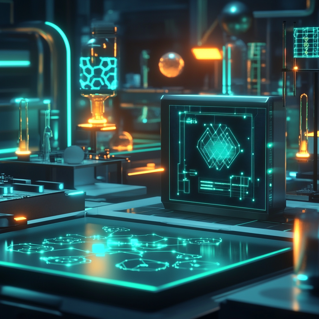 Un futurista laboratorio lleno de tecnología avanzada y un ordenador cuantico